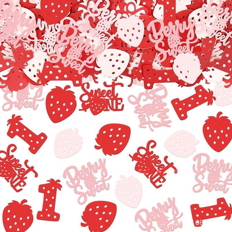 Image of 100 Pcs Strawberry Confetti Happy Birthday Party Table Scatter Decorations Cute Baby First Year Birthday Baby Shower Anniversary Party Table Decor Supplies (Strawberry)