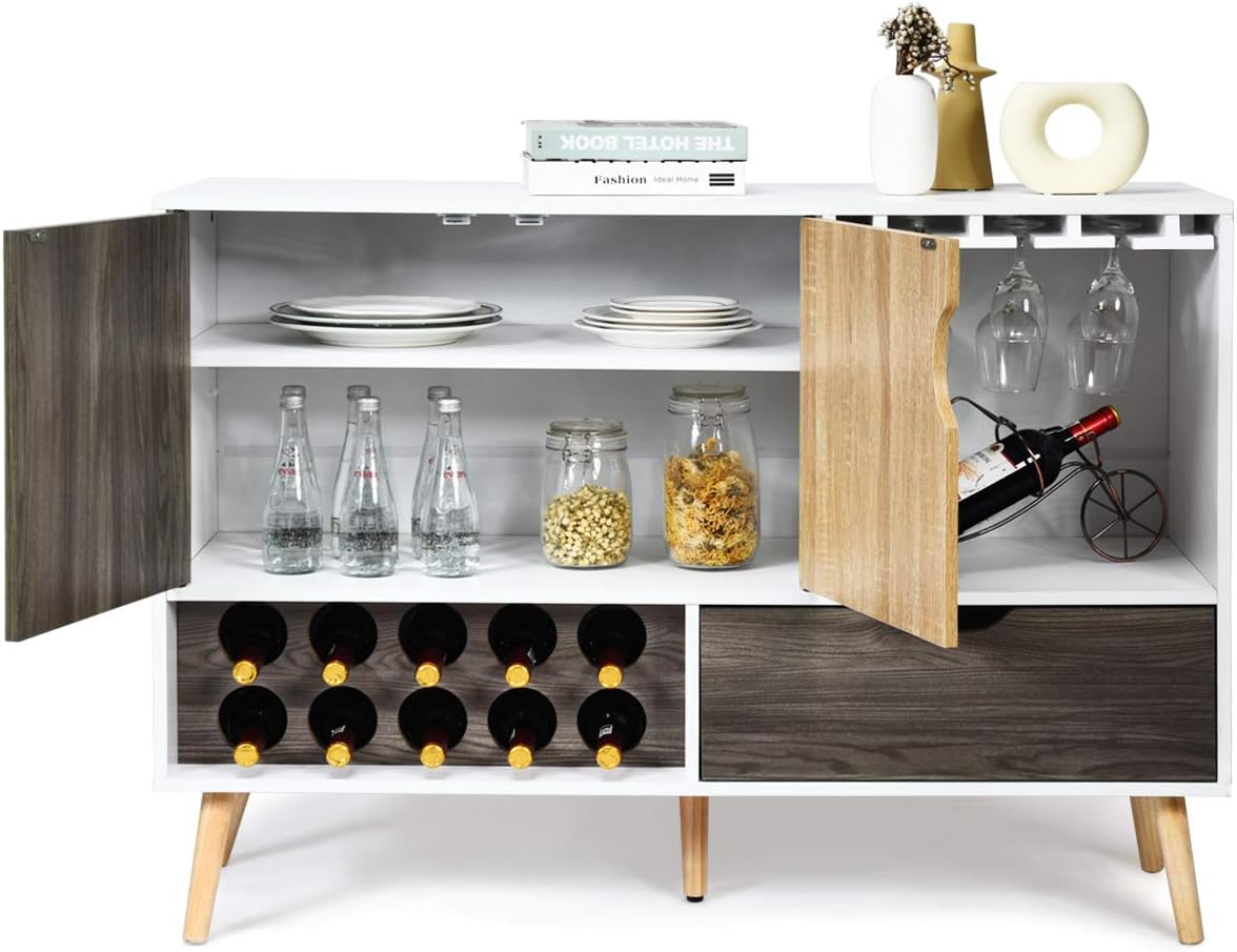 Giantex Buffet Sideboard with Storage, Wine Bar Cabinet for 10 Bottles, Glass Holder, Large Drawer, Wood Cupboard Pantry for Kitchen Cupboard, Standing Credenza (White & Wood)