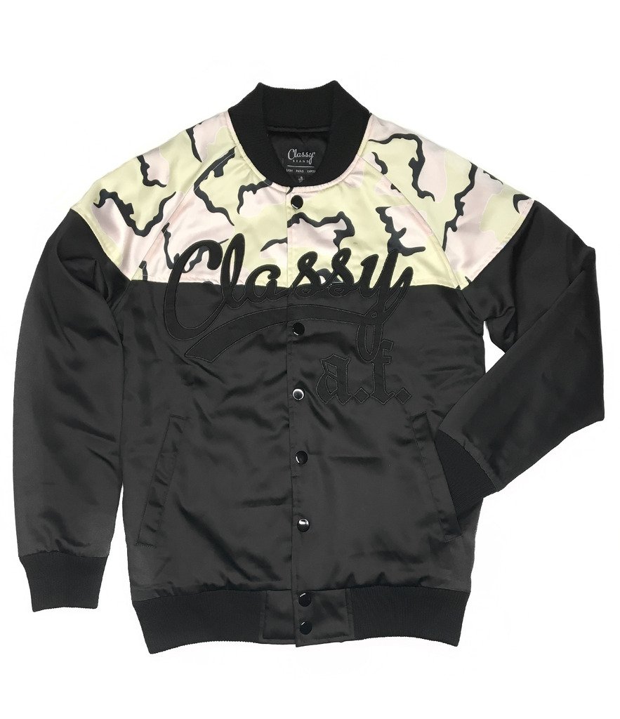 Classy AF Satin Bomber Jacket Medium Black and Camo
