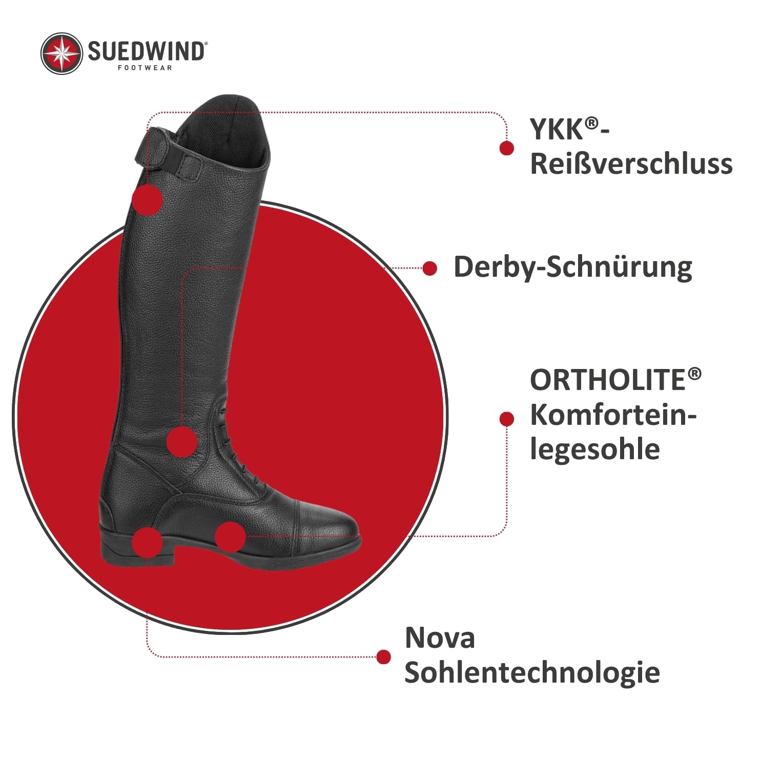 SUEDWIND FOOTWEAR Kinder-Reitstiefel aus Leder Nova Kids Fun Leather – Stiefel zum Reiten – Derby-Schnürung, Reißverschluss, Komfort-Innensohle & auswechselbare Patches – schwarz – 35-41