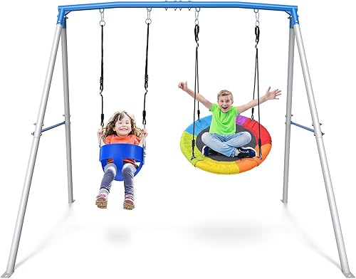 Trekassy Juegos de columpios para patio trasero, 440 libras, soporte de metal resistente con marco en A con 1 columpio de platillo y 1 columpio para