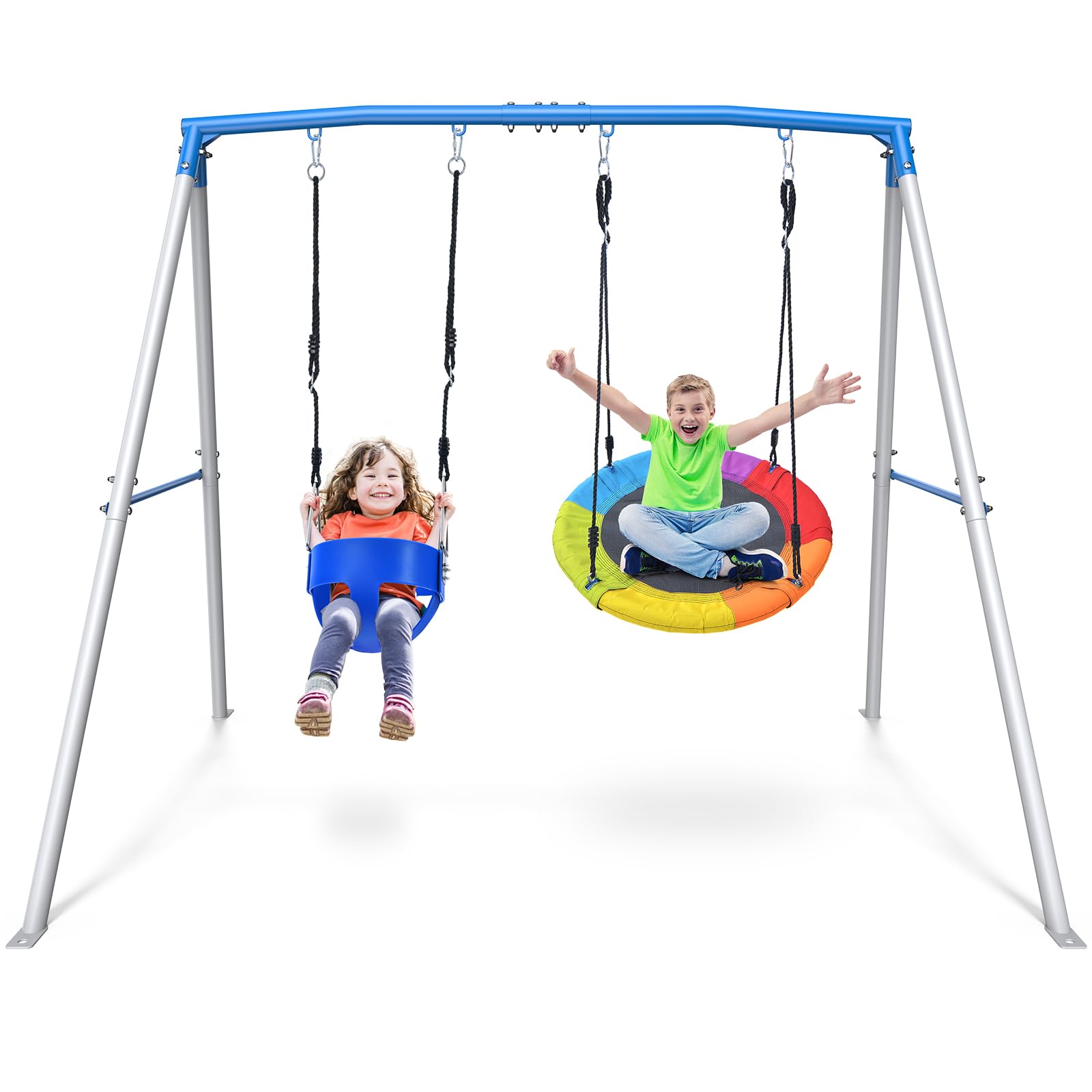 Trekassy Swing Sets for Backyard, 440lbs Heavy Duty A-Frame Metal Swing Stand with 1 Saucer Swing and 1 Toddler Swing Outdoor Kids Play Equipment for Playground Playset