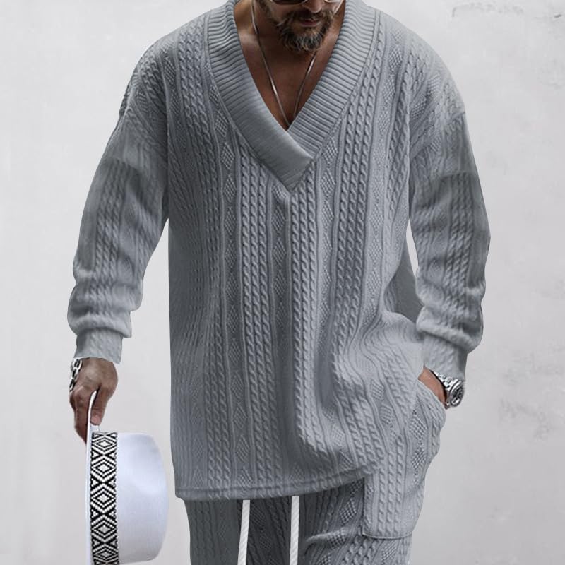 Suéter Jacquard de cuello V para hombres y pantalones largos conjuntos de dos piezas de punto de otoño e invierno