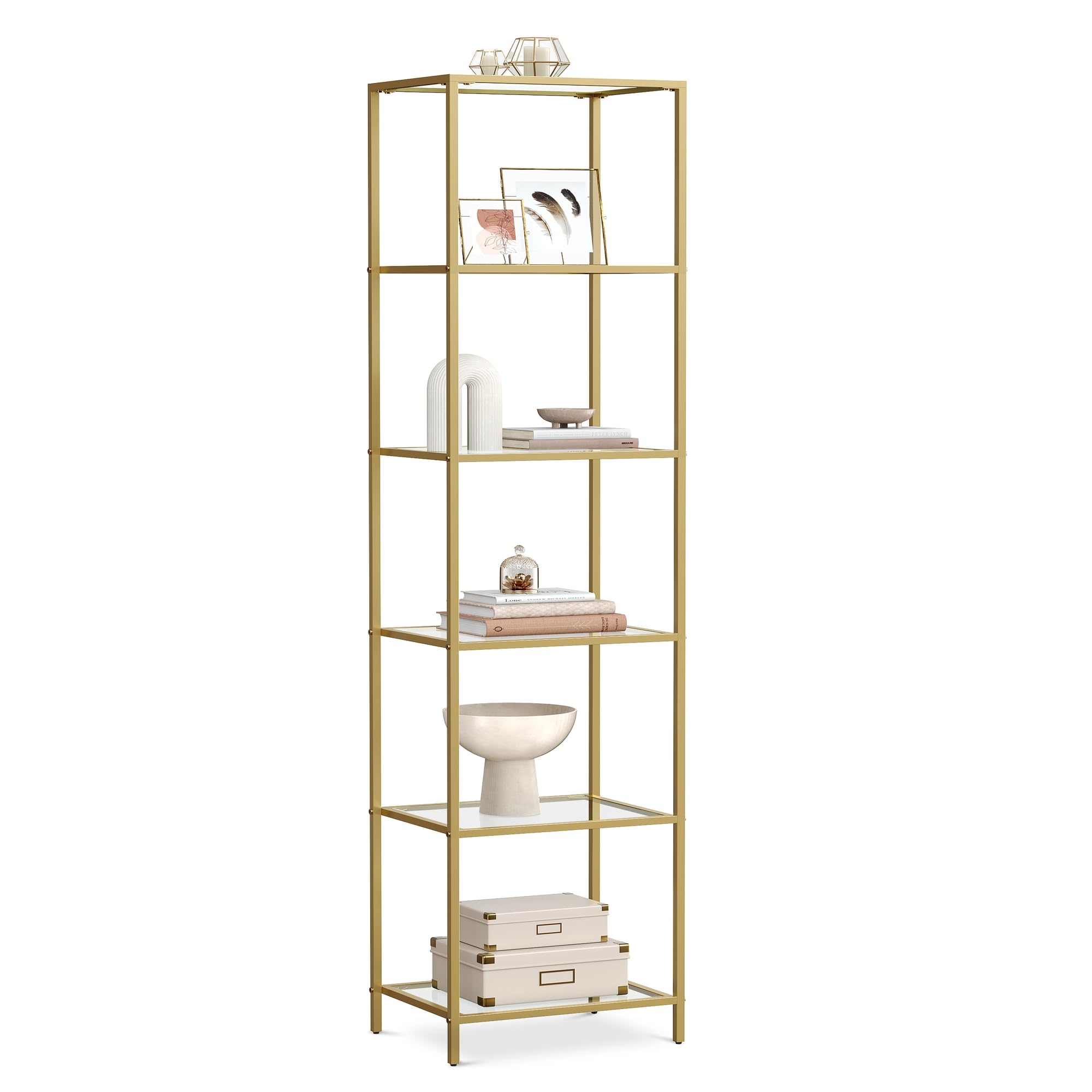 Songmics Glass Shelving Unit6 Level Book OrganizerStorage RackGlassFor BathroomLoungeBedroomWorkspaceMetallic Gold from B&Q