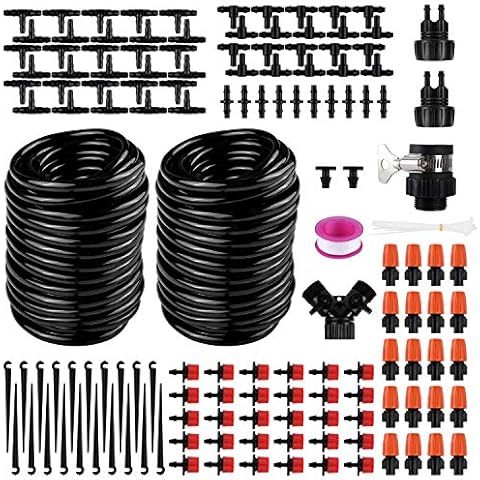 Drip Irrigation 98ft/30m Kits-DIY Irrigation System with Adjustable Nozzle, Automatic Micro Irrigation Tubing Kits, Water-Saving Sprinkler System for Greenhouse, Raised Flower Bed, Patio Cover