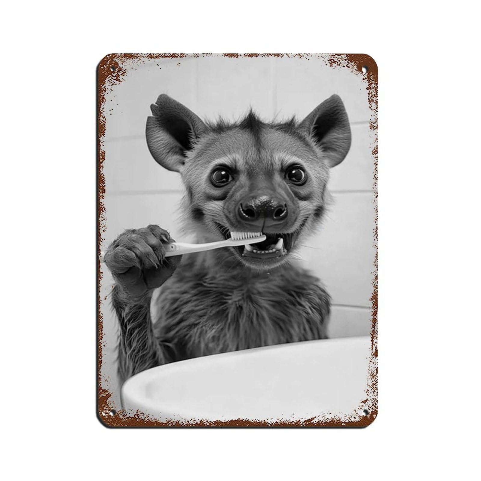 Hyena Brushing Teeth, Funny Bathroom Art Retro Poster Metal Tin Sign Chic Art Retro Iron Painting Bar People Cave Cafe Family Garage Poster Wall Decoration 12x16inch(30x40cm)