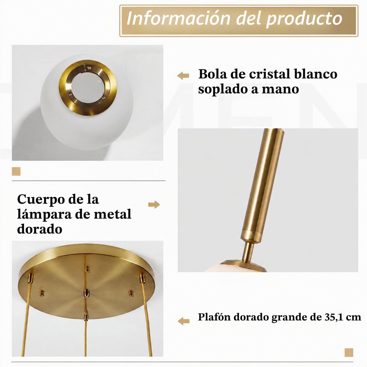 KCO Iluminación colgante de 3 luces, lámpara colgante de globo dorado de mediados de siglo, lámpara de araña grande de cristal blanco leche, moderna iluminación colgante de cocina para sala de estar y