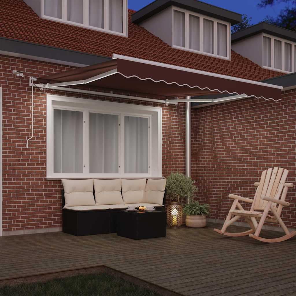 Toldo automático con LED marrón, 300 x 250 cm, brazo articulado, protección solar, resistente al agua, resistente a los rayos UV, con sensor de viento y manivela para terraza, balcón, exterior