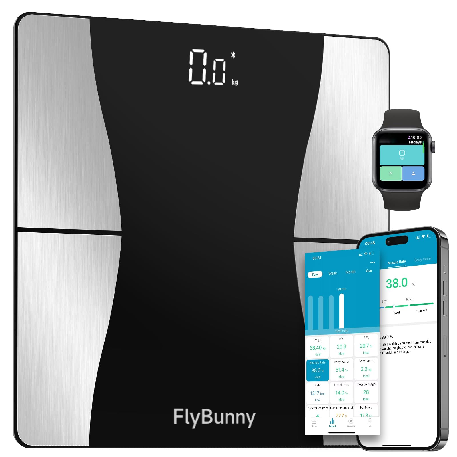 Bluetooth Körperfettwaage mit App – Präzise Personenwaage bis 180 kg, Digitale Anzeige, BMI & Muskelanalyse, 18 Körperwerte, kompatibel mit LeAo Health