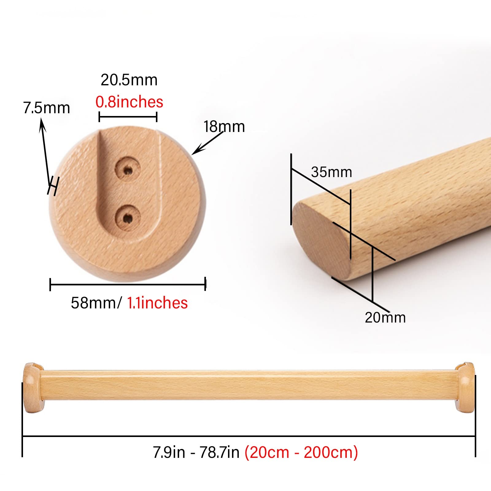 Drewniany owalny drążek do szafy, 20 cm, do szaf, wiszących ubrań, wsporniki końcowe, w zestawie, do sypialni, drzwi, pralni A, 195 cm