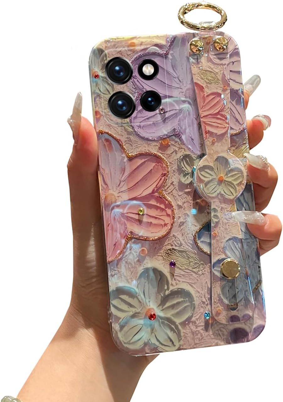 for Motorola Moto G Stylus 5g 2025 Case 6.7" with Wrist Strap Stand Glitter IMD Cute Kawaii Cartoon Pattern Design Shockproof Protective Phone Cases for Girls & Women - Colorful Flower