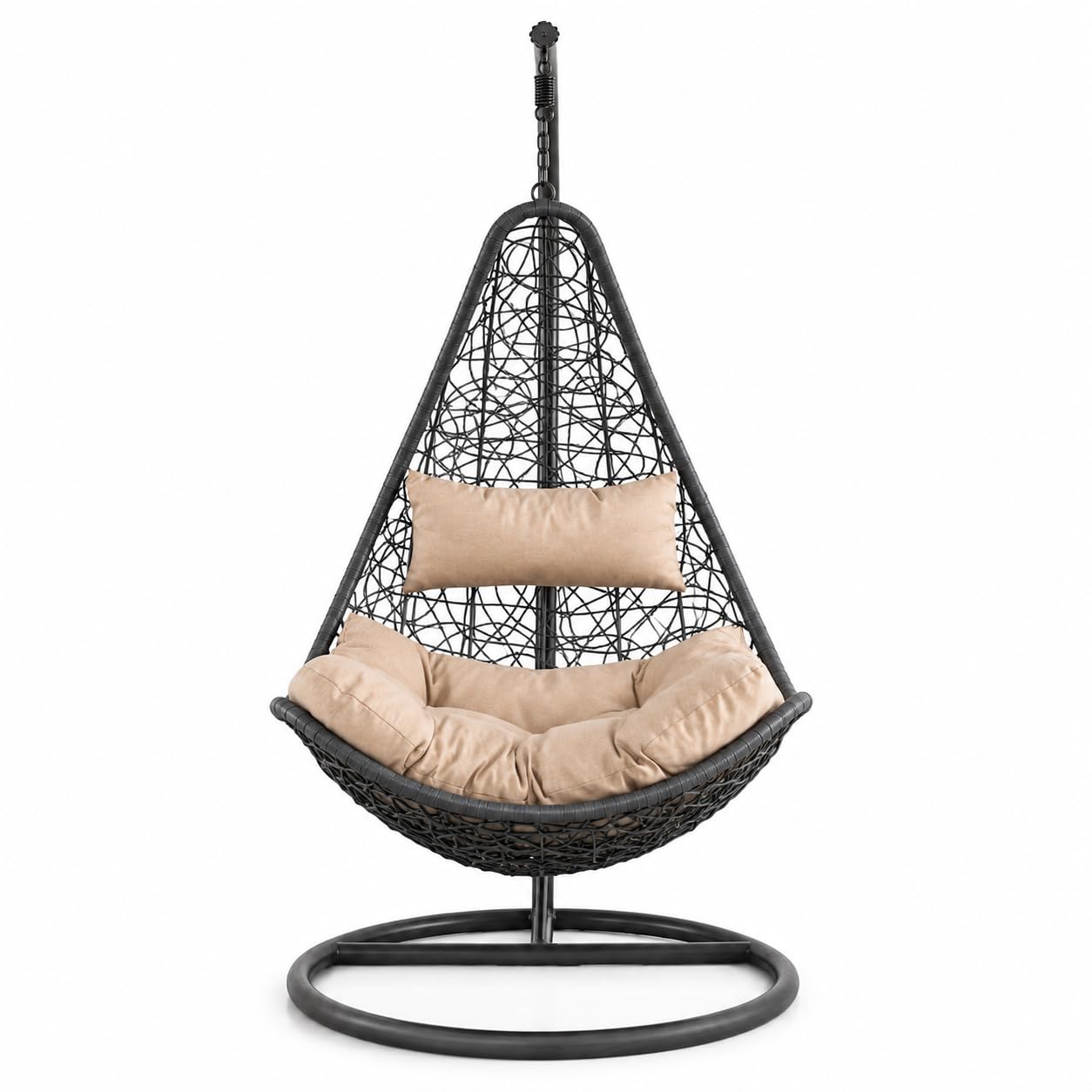 Poltrona Sospesa Da Giardino Con Struttura Autoportante In Metallo Seduta In Polyrattan E Cuscino Con Poggiatesta Beige Arredo Outdoor Terrazza Balcone E Veranda 105 x 195 Cm Nero