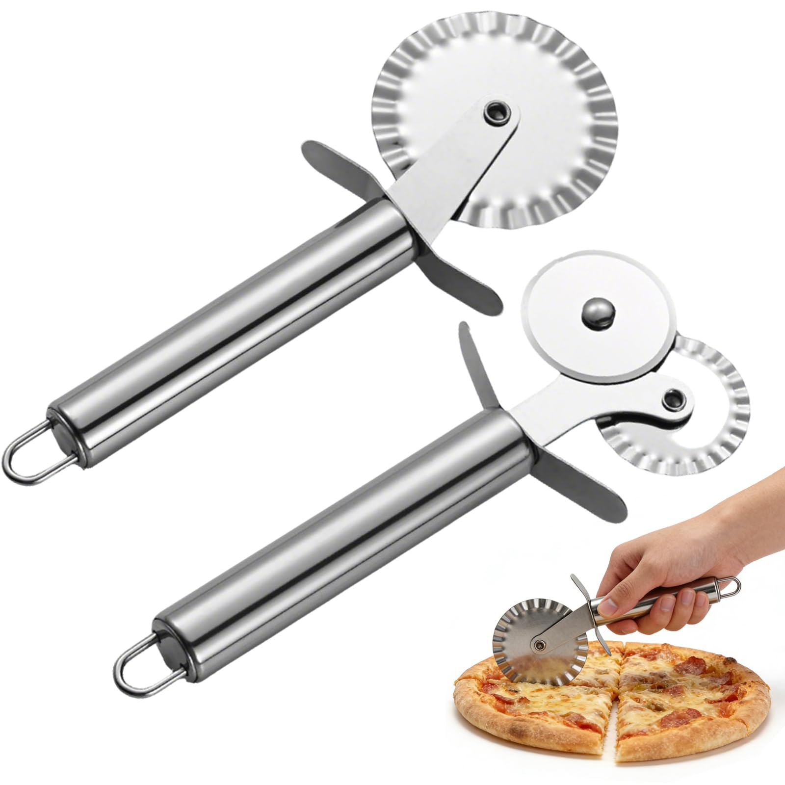 2 Piezas Cortador de Pizza, Pizza Cutter en Acero inoxidable,Cortador Pizzas de Doble Rueda y Cortapizzas Ondulado, Encaje de Bola de Masa Fabricación Rodillo Cortadors de Masa para Hogar y Cocina