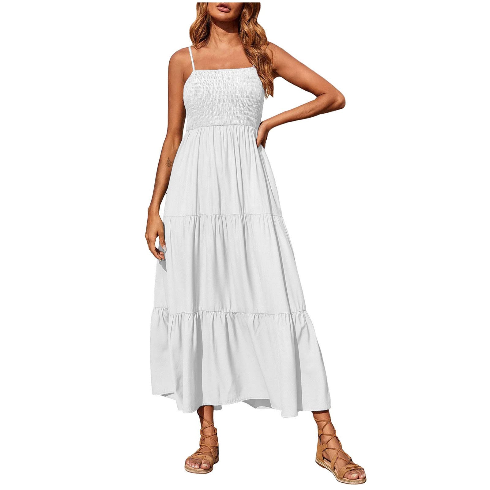 Generic Vestidos sin mangas para mujer, sin tirantes, vestidos de verano para mujer, de lino, para playa, hawaiano, fruncido, maxi vestidos largos