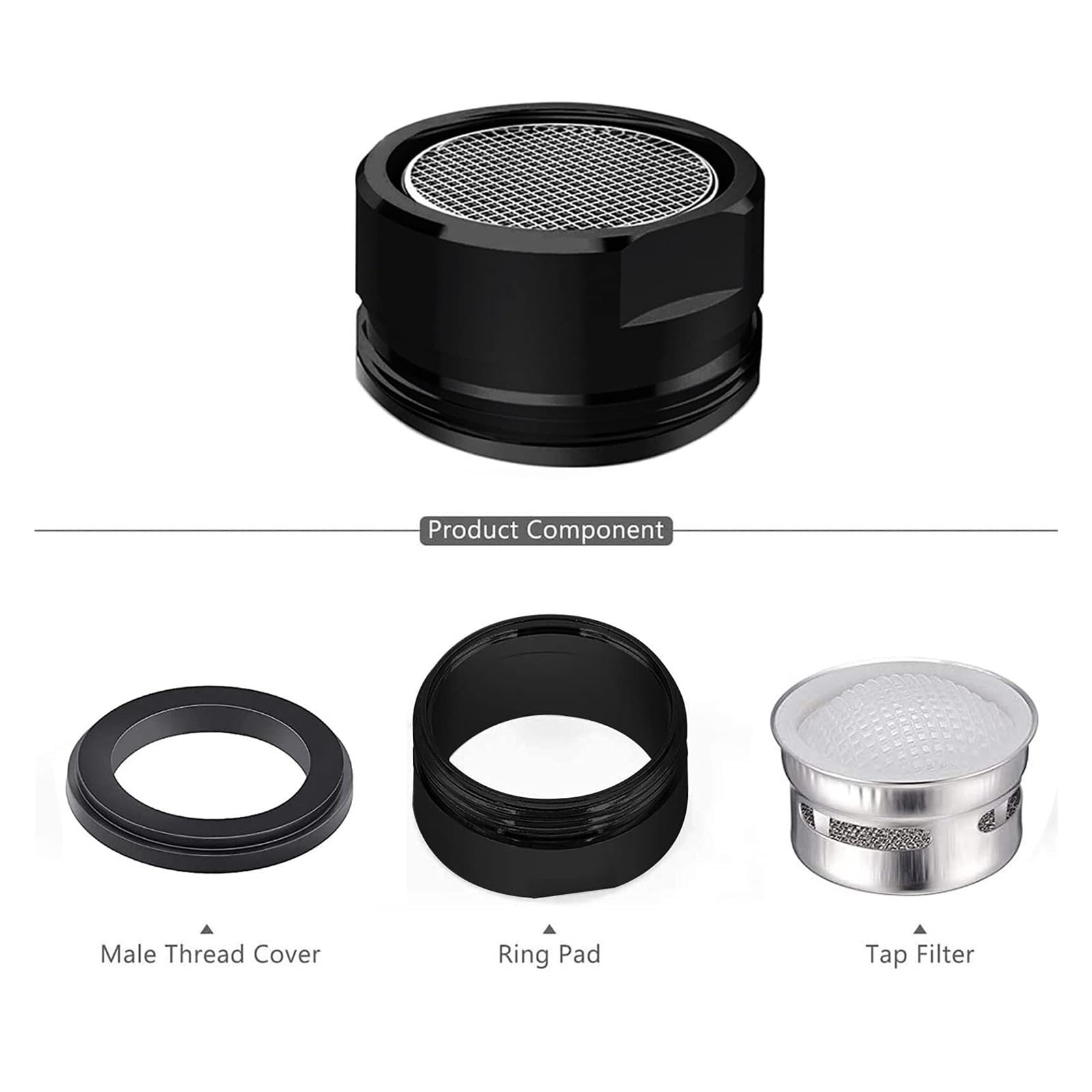Set di 4 filtri aeratori per rubinetti da Cucina e Bagno | Filettatura Esterna da 24 mm (Nero)