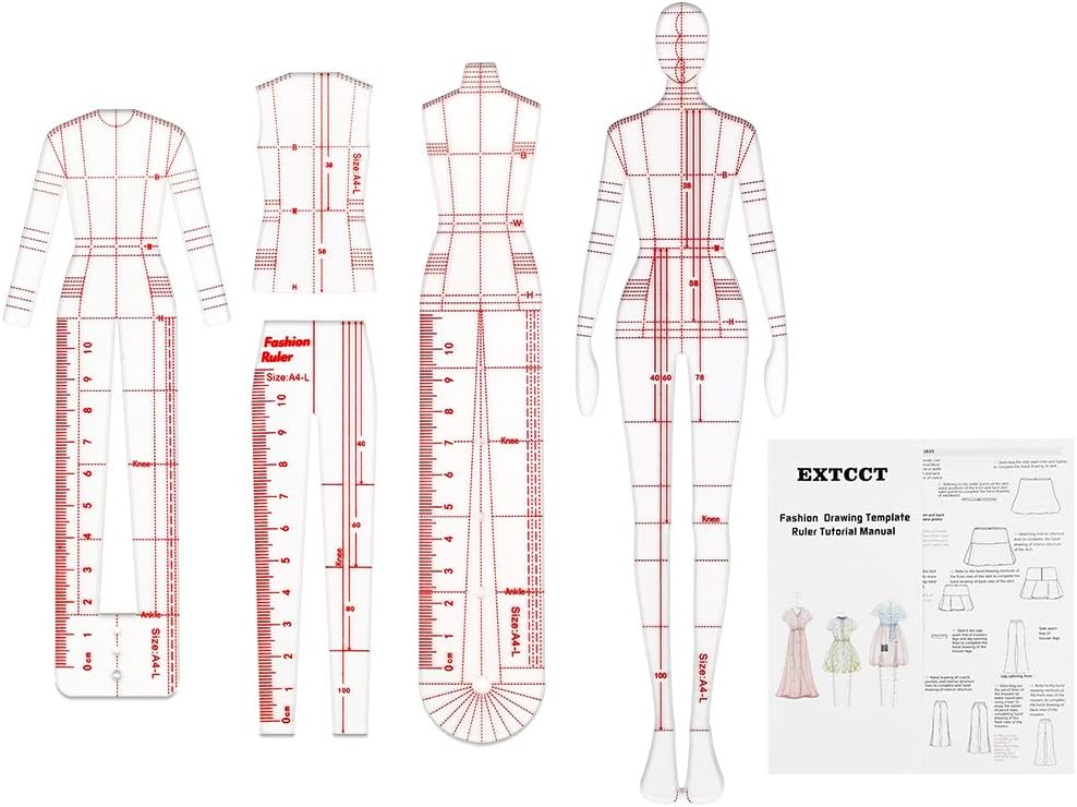 4 Models Fashion Illustration Rulers, Fashion Sketching Templates Ruler, Fashion Sketching Ruler Sewing Humanoid Patterns Design, Clothing Measuring French Curve Rulers A4 Pattern Paper Draft Drawings