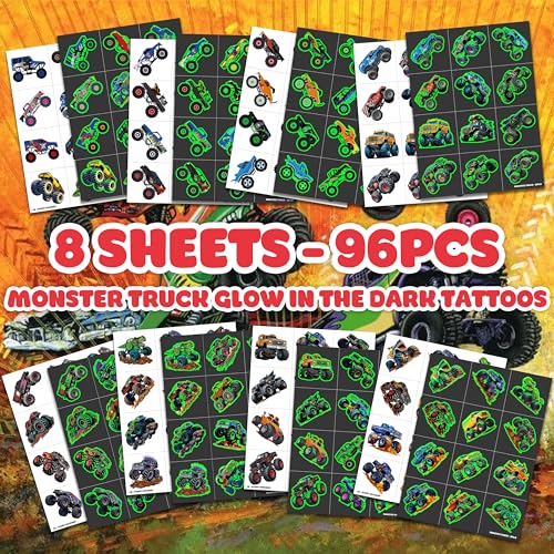 Image of 96 PCS Monster Truck Pre-Cut Luminous Glow in the dark Temporary Tattoos | Super Cute Themed Birthday Party Favors Supplies Decorations, Race Car Fake Tattoos for Kids Rewards & Gifts for Boys Girls
