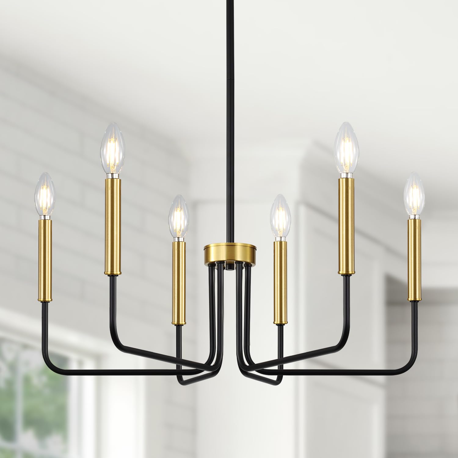 Yunnix 6 Light Black and Gold Chandelier, Farmhouse Chandelier for Dining Room Light Fixture Hanging, UL Listed Industrial Modern Chandelier for Bedroom, Kitchen, Living Room, No Assembly Required