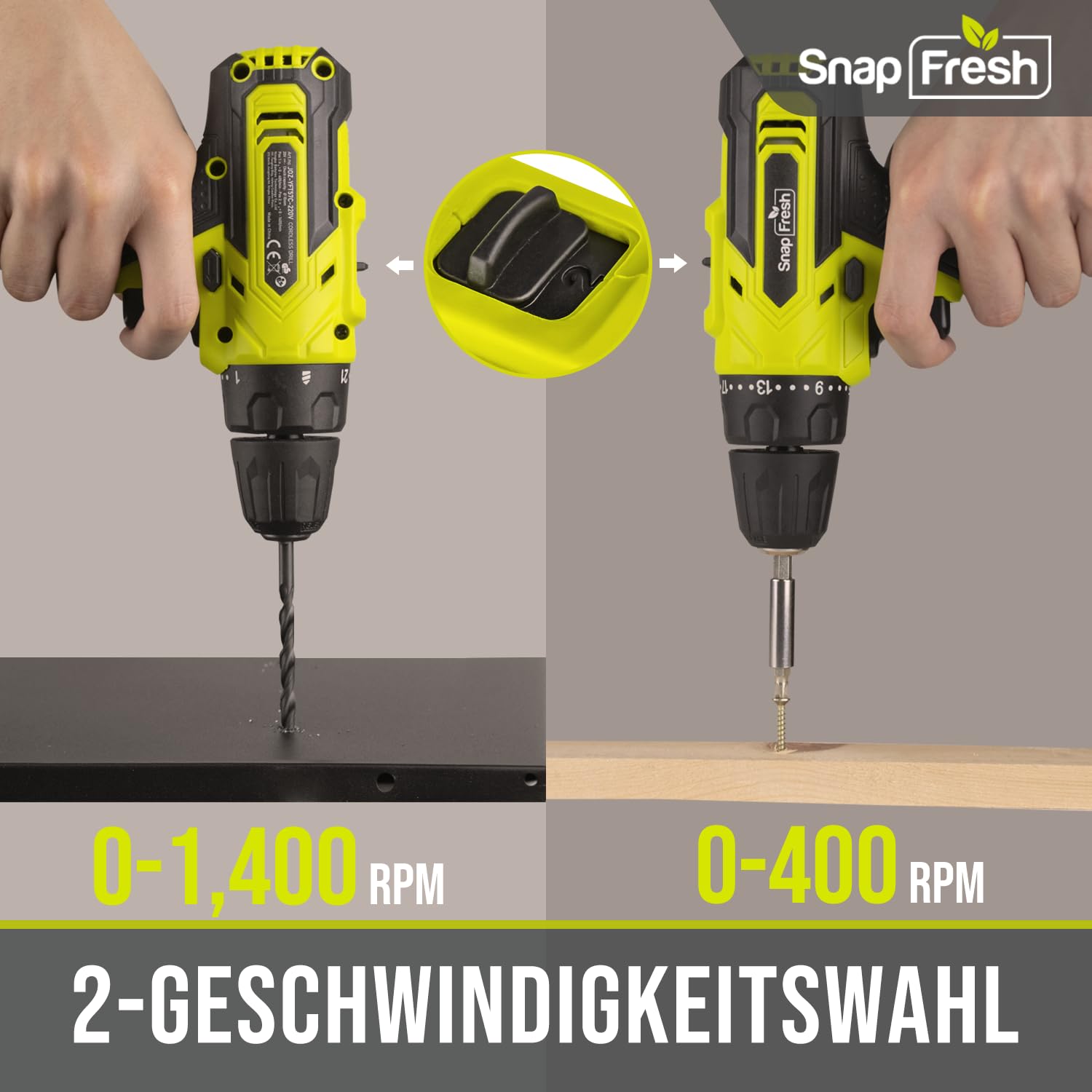 SnapFresh Akkuschrauber, Akku-Bohrschrauber Set 20V, Nur 0,8kg, 35N·m Drehmoment, 2-Gang, LED-Licht, 43tlg Zubehör & Koffer, inkl. 2.0Ah Akku – Leicht & Kompakt für DIY & Reparaturen