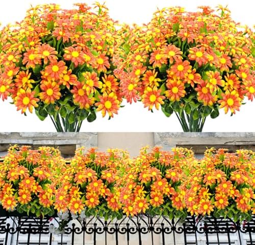 Jeeeun Kunstliche Chrysanthemen Für Draussen - 10 Bundles UV-beständige Herbstblumen Orange