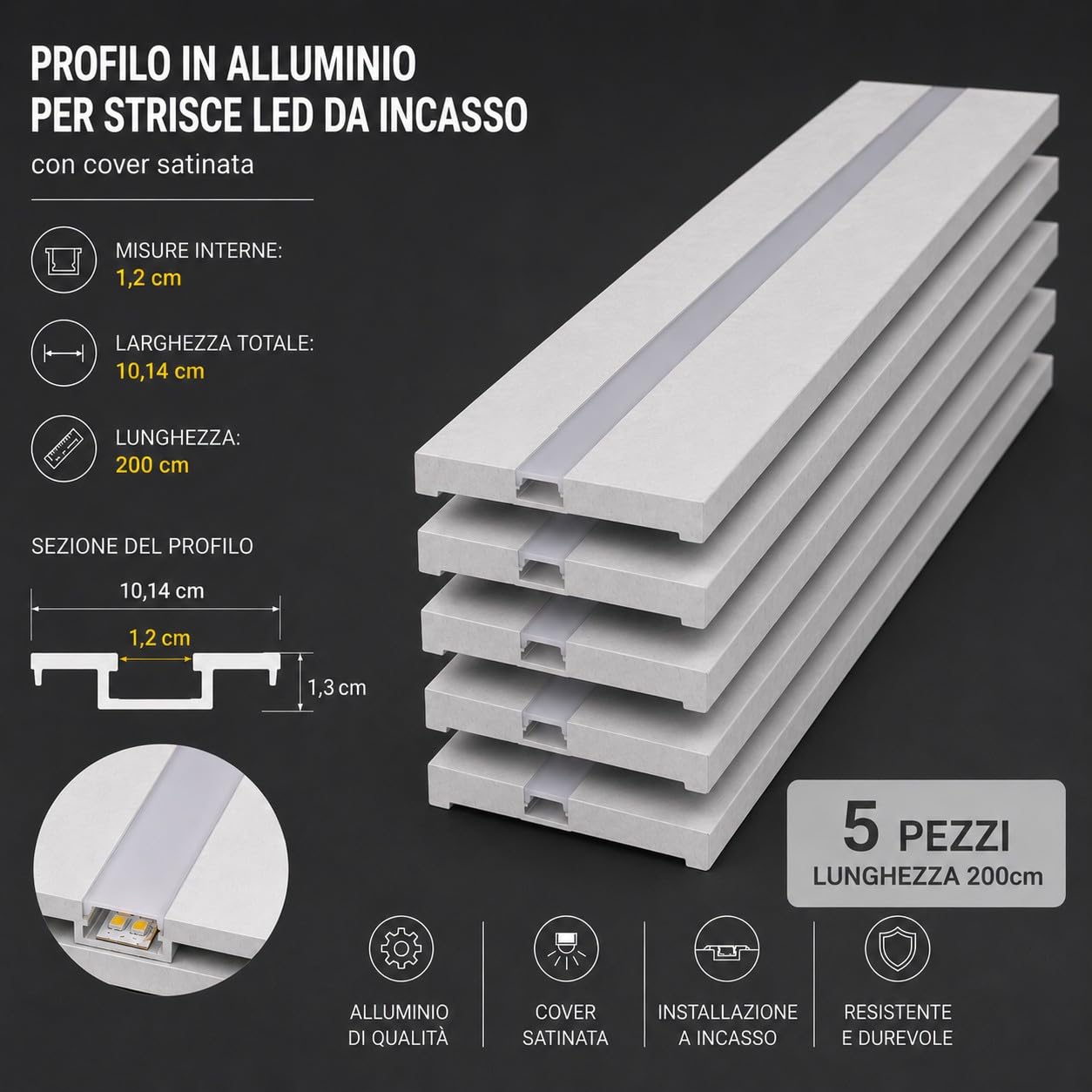 Kit 5 Profili LED da Incasso per Cartongesso 200 cm in Alluminio con Cover Satinata Profilo per Strisce LED fino a 6 mm Dissipazione del Calore Installazione a Scomparsa