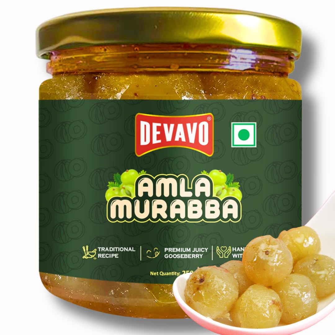 Devavo Amla Murabba | Premium Juicy Gooseberry | No Sugar Syrup/Refined Sugar | Sweetened With Mishri & Khand | No Artificial Colour & Flavour | Traditional Grandma's Recipe | Handmade with Love (250 g)