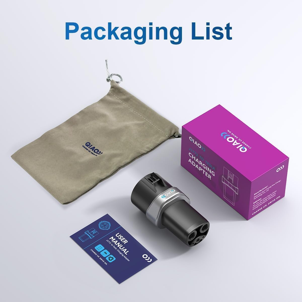 Packaging list for QIAO J1772 to Tesla Adapter