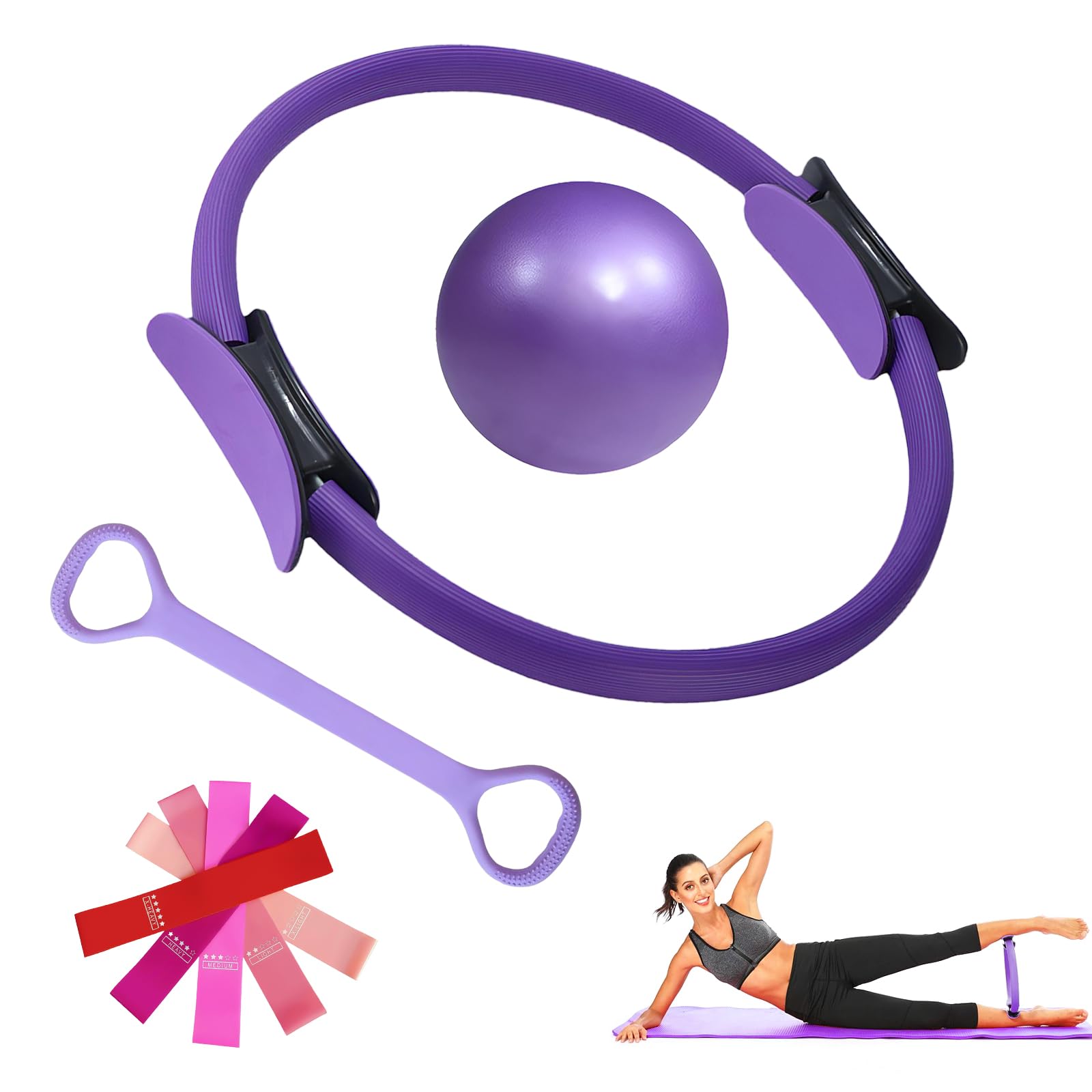 Beibeijia 8 Pezzi Kit Pilates, Pilates Essential Kit, Kit Pilates Completo x casa, con Palla da Yoga, Cerchio Pilates, Fascia di Resistenza und Estrattore, per Esercizi Interni della Cosce e Braccio