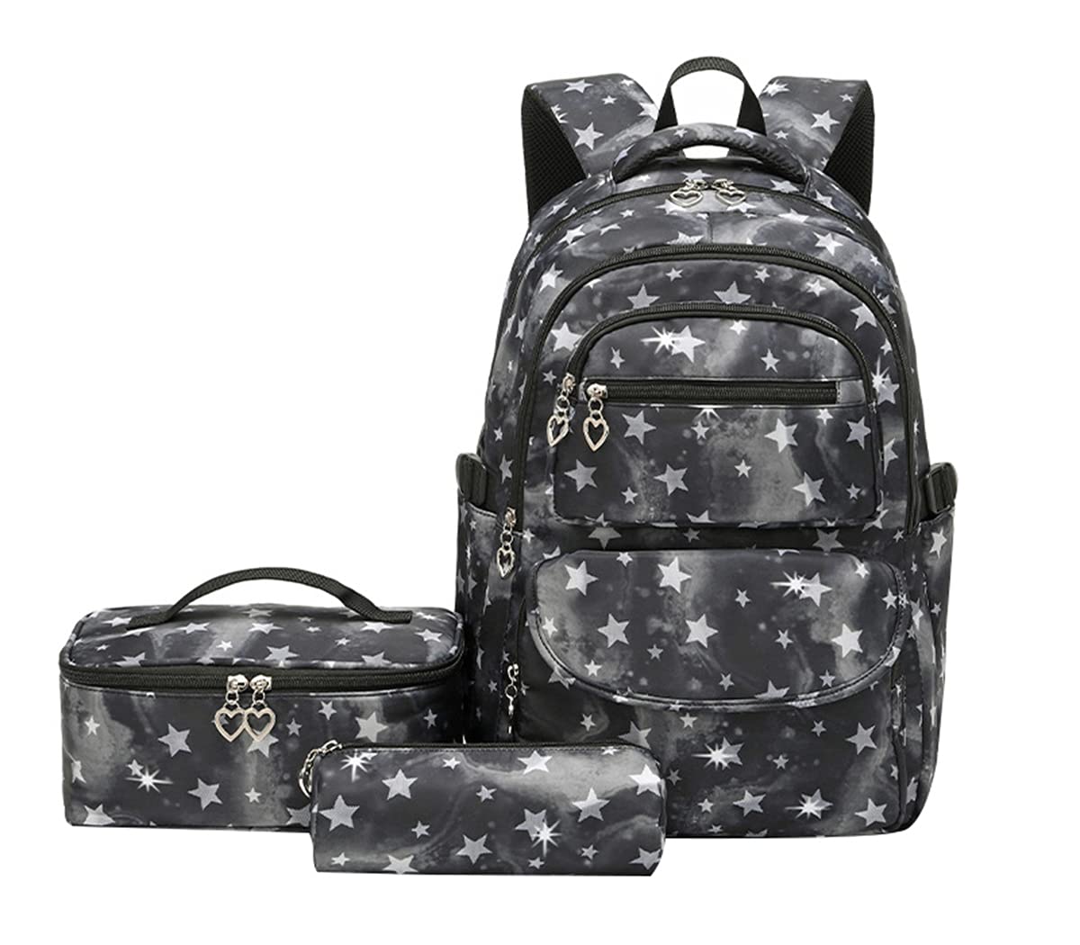 JiaYou School Backpack Sets 3pcs Stars Prints Daypack For Teens Girls Primary School Students(Black Stars,22 Liters)