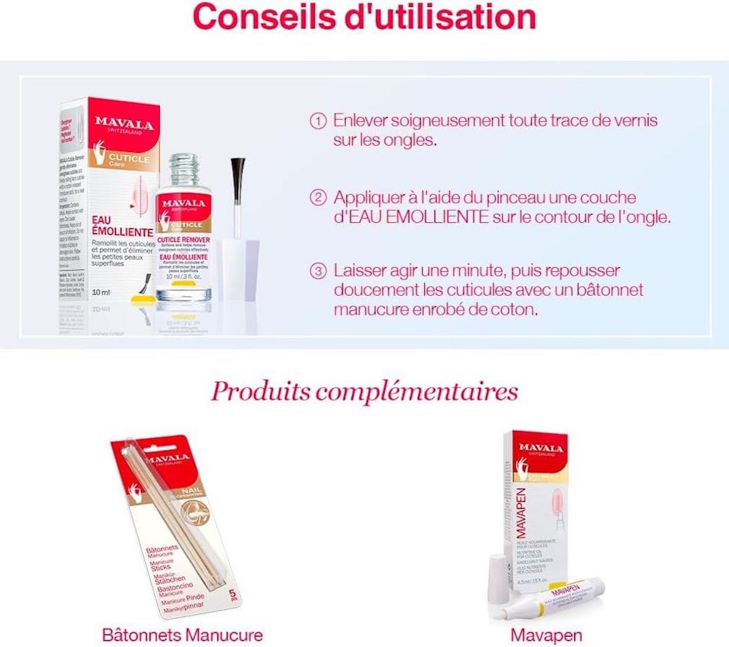 Mavala - Eau Émolliente - Soin Ramollissant les Cuticules - Élimine les Petites Peaux Superflues - 1 Seule Application Nécessaire - Contour de l'Ongle Net - 10ml