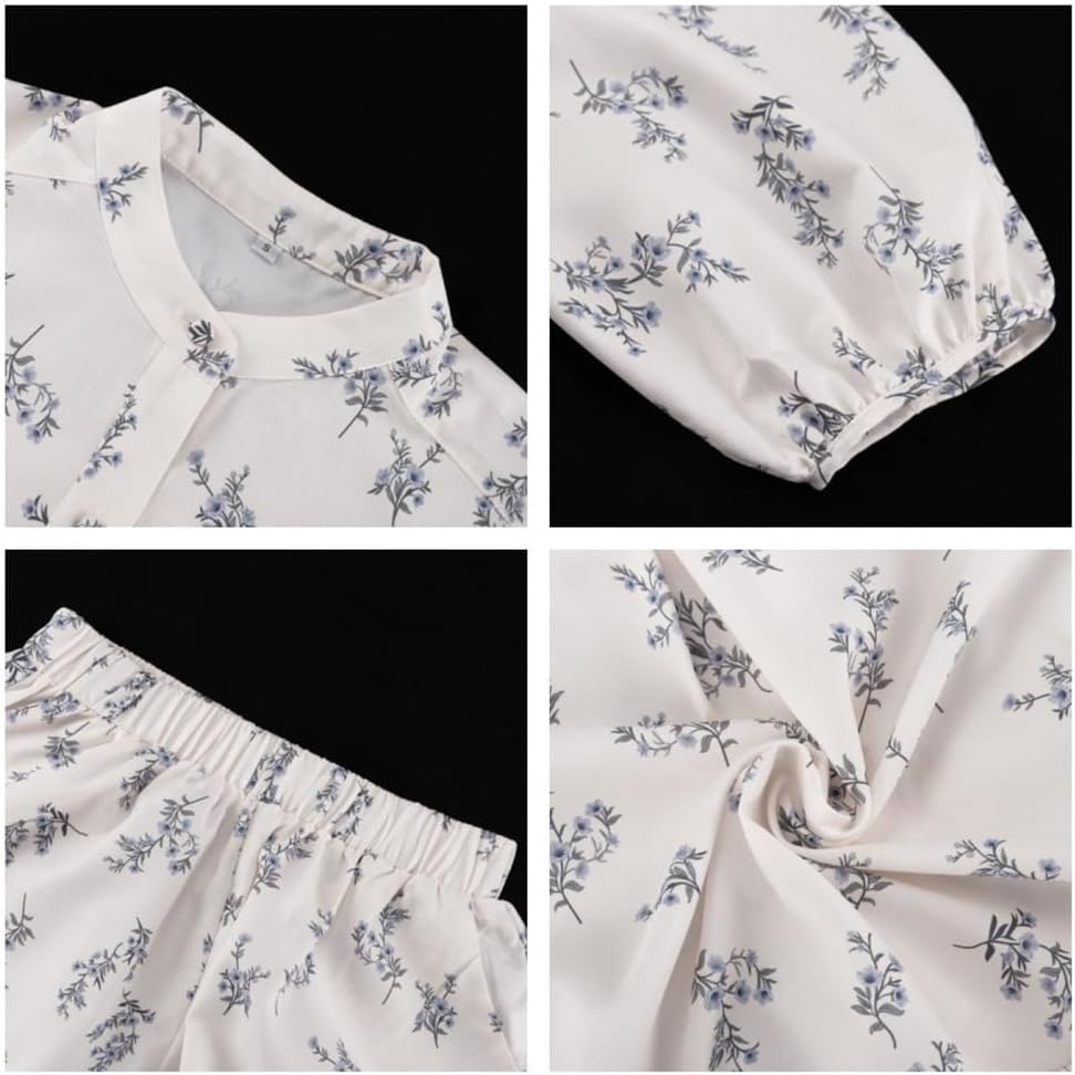 Womens Summer 2 Piece Outfits Lightweight Ruffle Print Loose Fit Puff Long Sleeve Casual Vacation Shorts Set