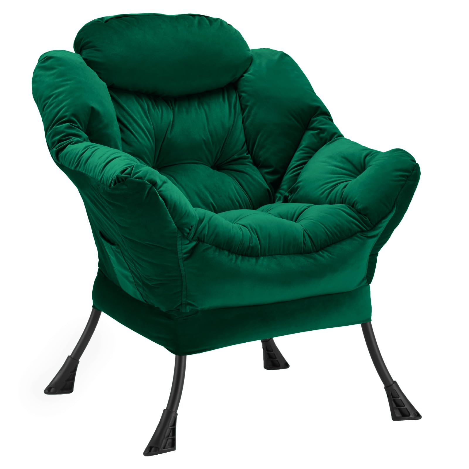 Lazy Chair Thick Padded, Accent Chair Velvet Upholstered with Wide Seat, Stable Metal Frame and Non-Slip Pad, Modern Sofa Armchair with Side Storage Bag for Dorm, Room, Office, Green