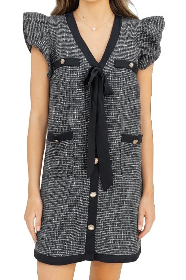 Womens Tweed Dress Elegant V Neck Ruffle Sleeve Button Down Bow Tie Shift Mini Dress with Pockets