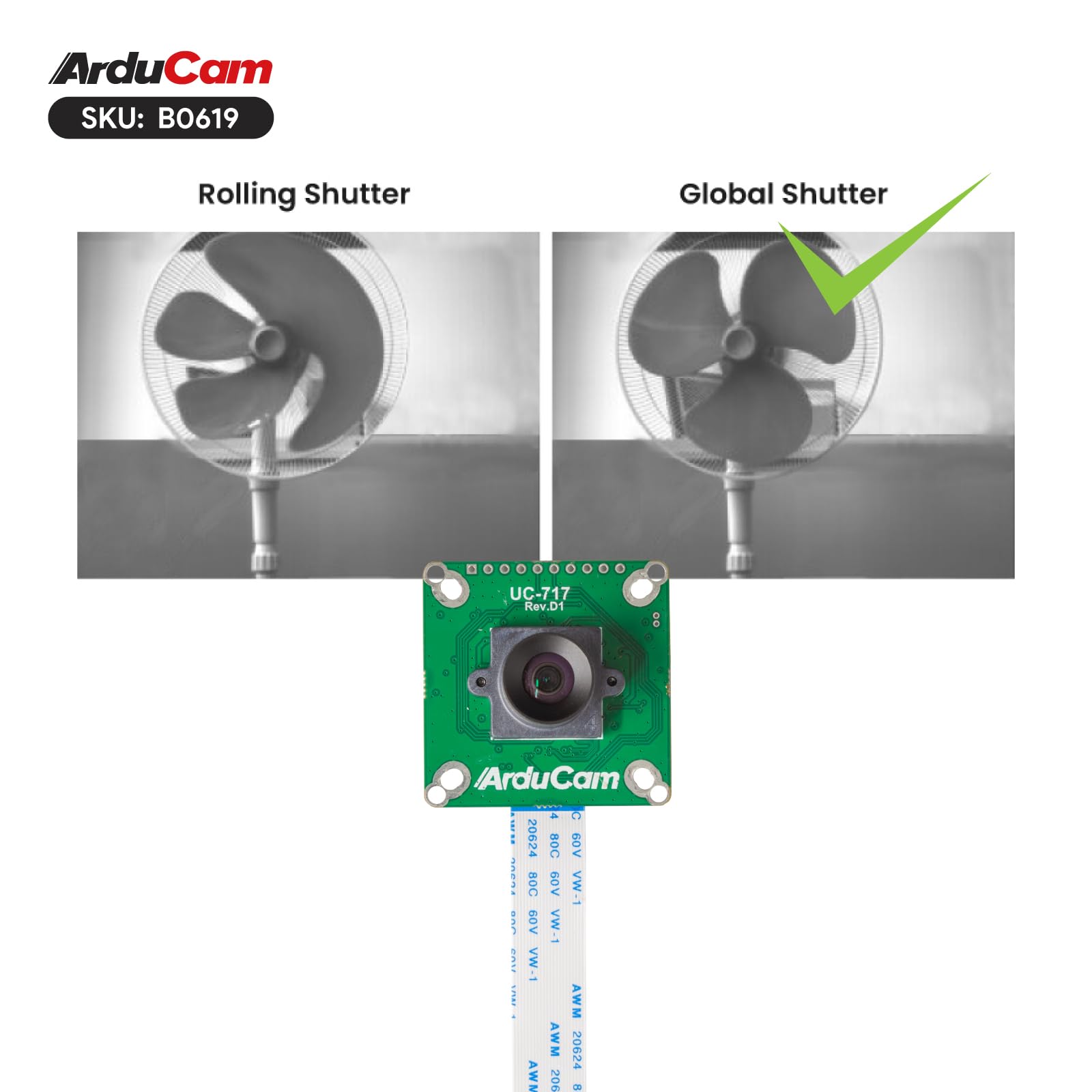 Arducam Für Raspberry Pi Global Shutter Kamera-Modul, 1,58 MP IMX296 Mono Pi Kamera mit 96°(D) M12 Objektiv, 1440 × 1080 @ 60 fps Hochgeschwindigkeitskamera für Raspberry Pi 5, 4, 3, Pi Zero 2 W