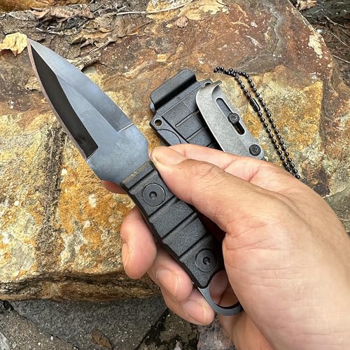 Image of Fixed Blade Knife, Full Tang w /Kydex Sheath, Belt Clip and Necklace easy Carry, Good for Camping Hiking Knife, Fishing Hunting edc MIN Knife Black