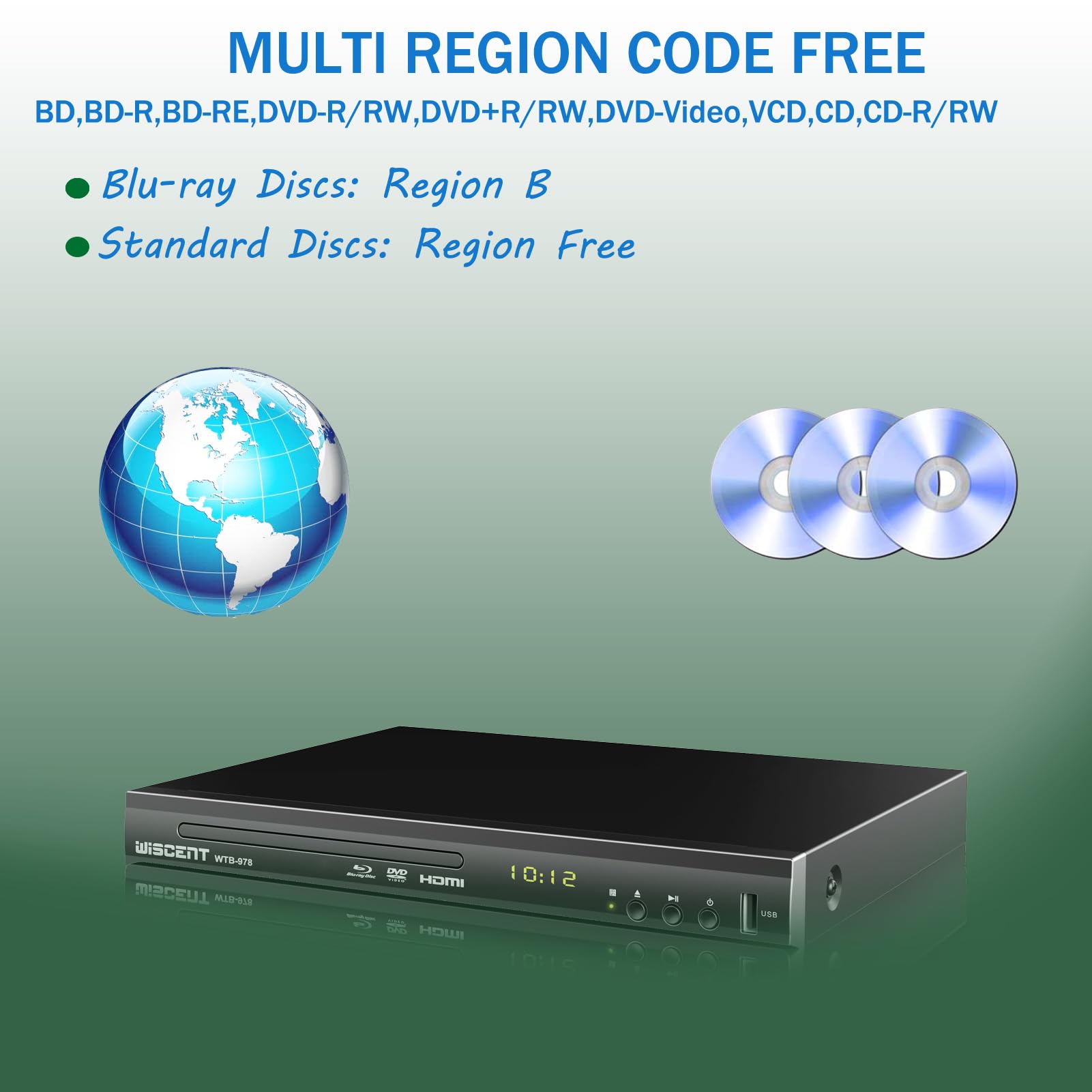 Odtwarzacz Blu-Ray do telewizora, WISCENT DVD Player z wyjściem koncentrycznym/HDMI/AV, wejściem USB, wszystkimi płytami DVD i regionem B/2 Blue Ray, kompaktowy odtwarzacz Bluray Full HD 1080p