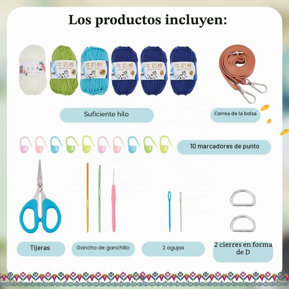 FREEBLOSS Kit de Ganchillo para Principiantes, Kit de Iniciación de Ganchillo de Cuadrados de la Abuela, Kit de Bolsa Tote de Ganchillo, Kit de Bolsa de Ganchillo con Instrucciones para Principiantes