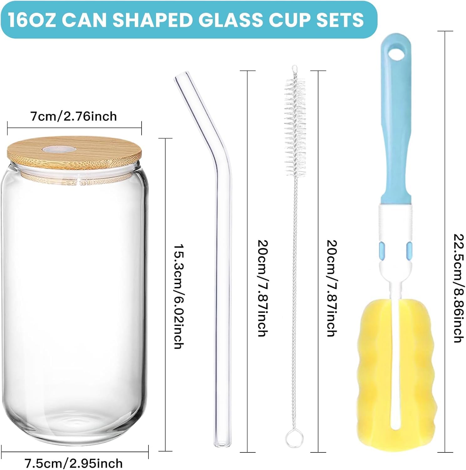Set di 12 bicchieri con cannuccia vetro e coperchio – design in stile lattina da birra da 16oz, tumbler trasparente per caffè freddo, succhi, soda, tè, set regalo per famiglia, feste, bar