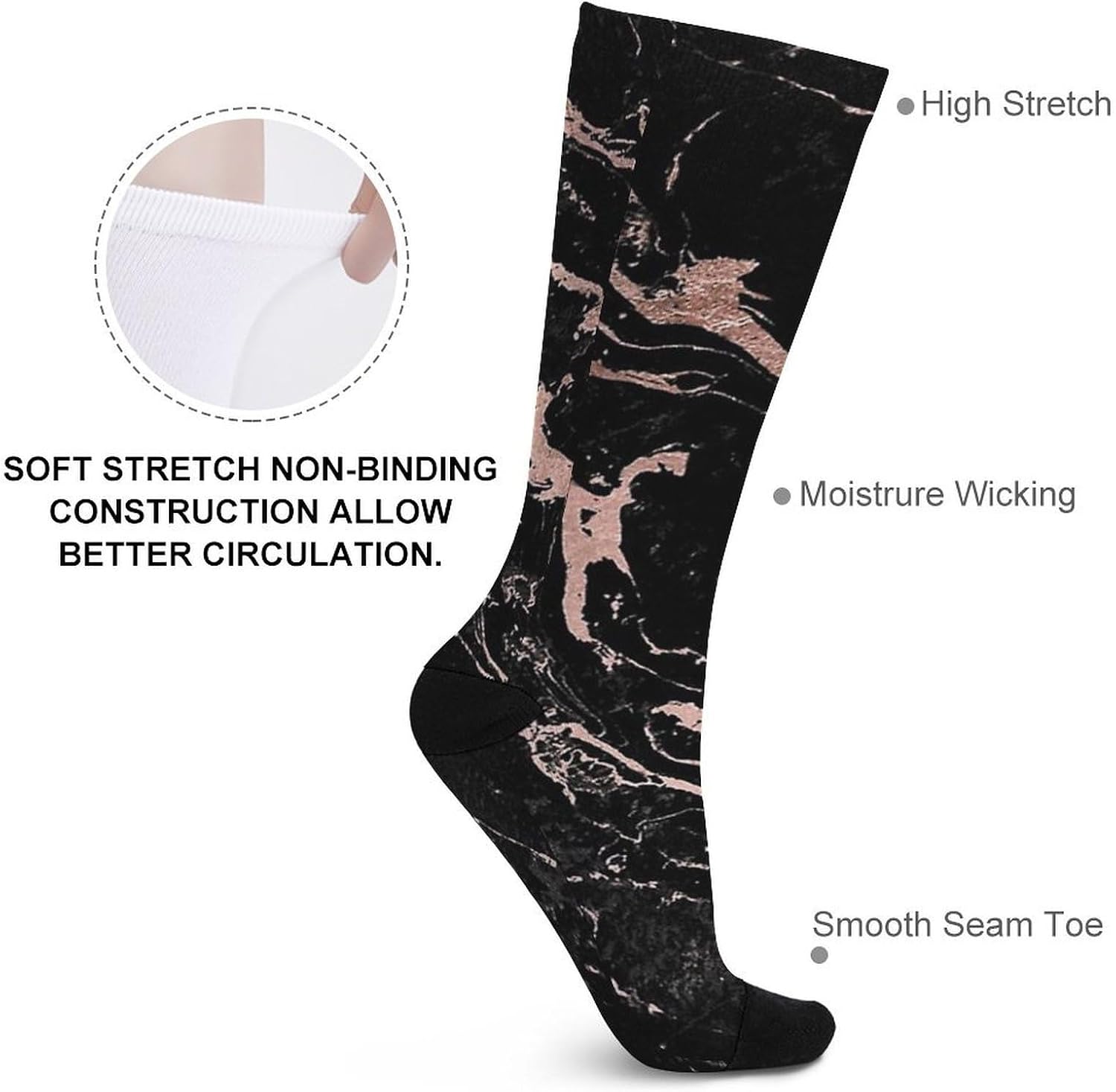 Rose Gold Foil Black Marble Knee High Socks Athletic Long Stockings Sport Casual Crew Tube Sock Boot 40cm