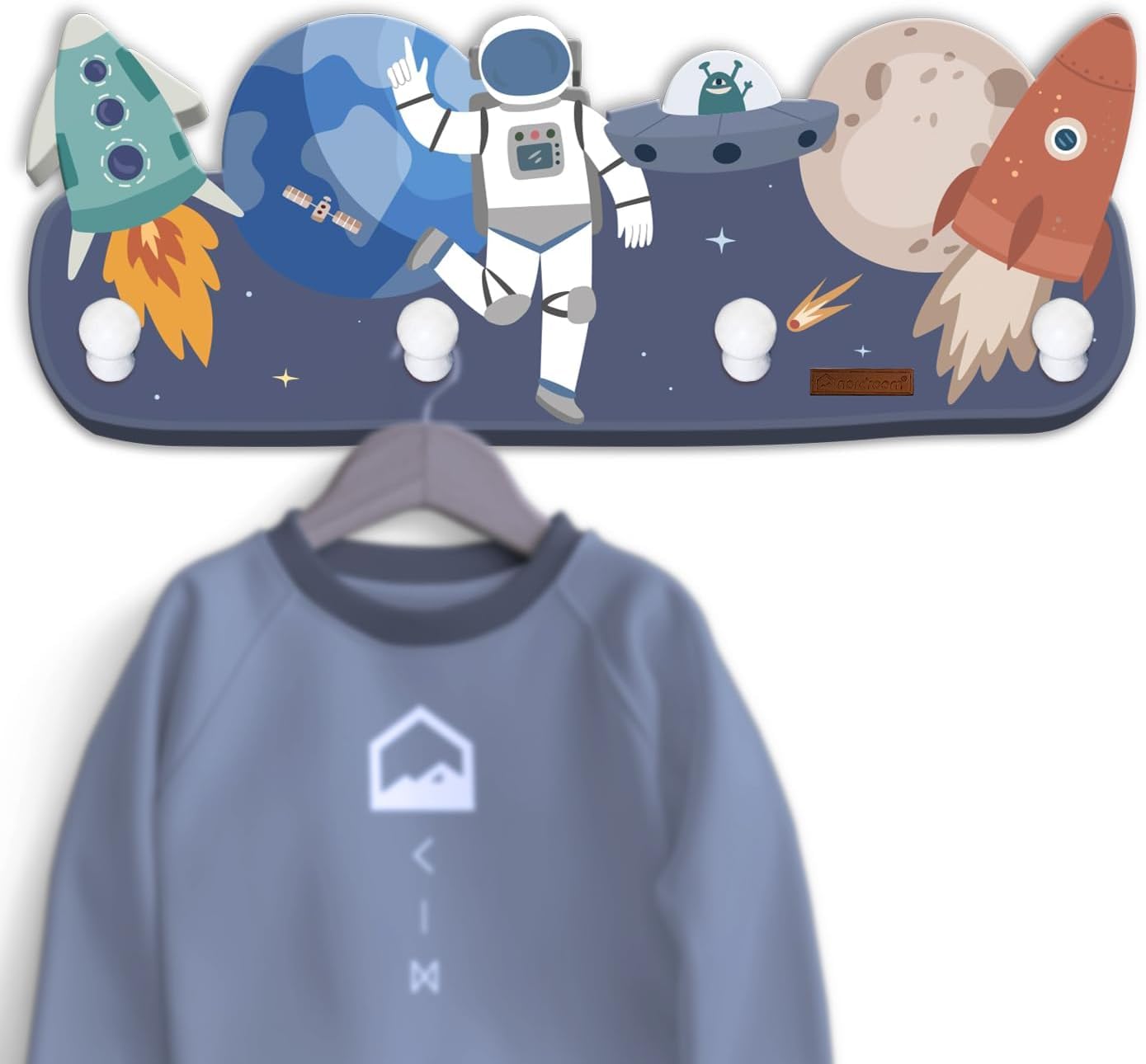 Children's Wardrobe with 4 Hooks, Wall Coat Rack with Space Astronaut for Children's Rooms