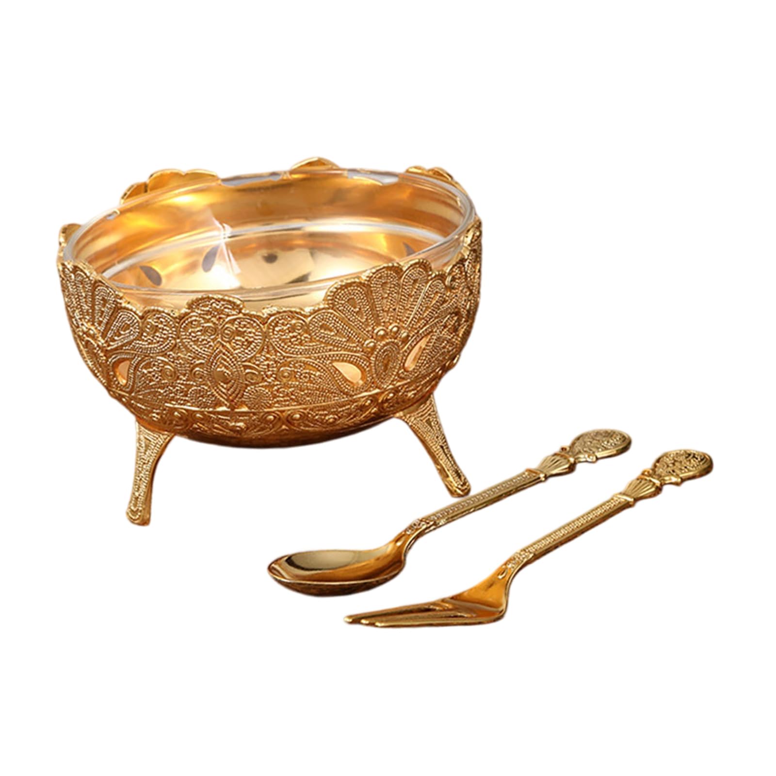 Elnwnnkc European Glass Ice Cream Bowl with Metal Base and Spoon Fork Set for Dessert and Snacks Salad Serving Cup Glass Dessert Bowl with Metal Base