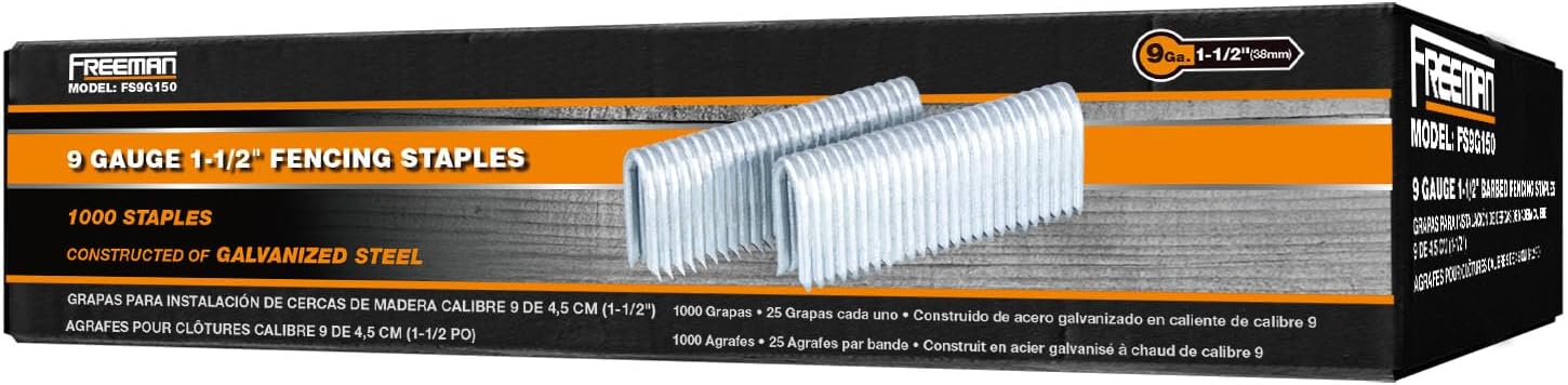 Freeman 9-Gauge 1-1/2" Fencing Staples | Glue Collated | Hot Dipped Galvanized Steel | 1000 Count | For Mesh, Horse, Deer & Chain Link Fencing | Compatible with Freeman PE20VFS9, G2FS9, PFS9 | FS9G150