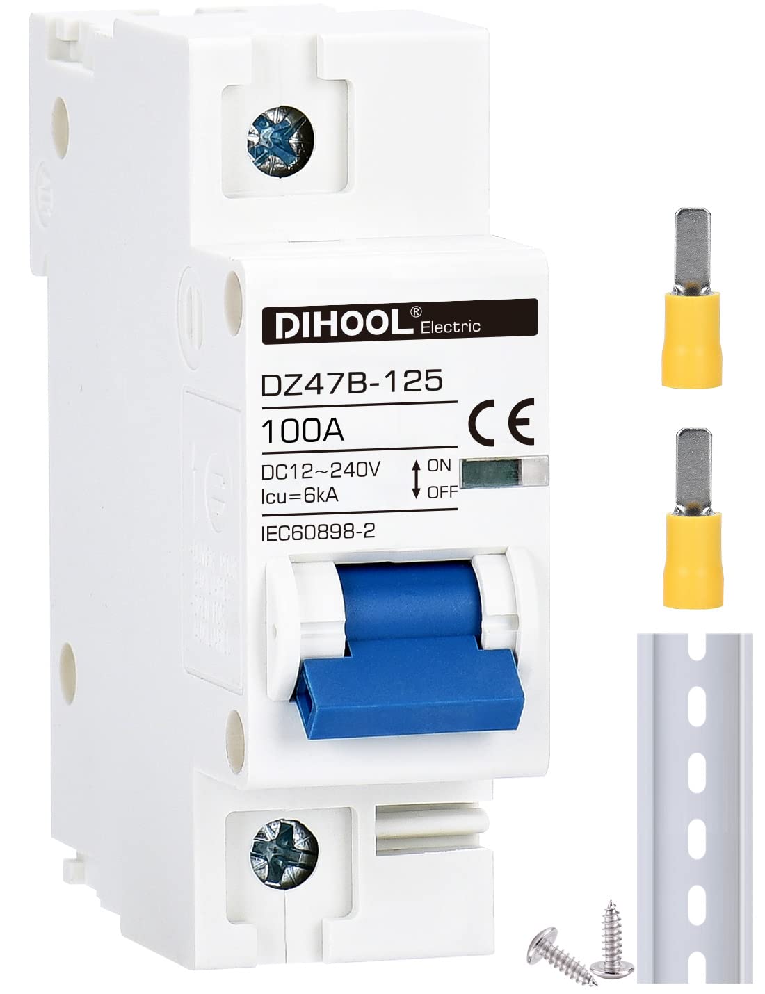 DC Circuit Breaker dz47 1P 100Amp 12V 24V 36V 48V DC MCB Short Circuit Protection Disconnect Switch Isolator for Solar Panel Battery UPS Inverter Photovoltaic PV System