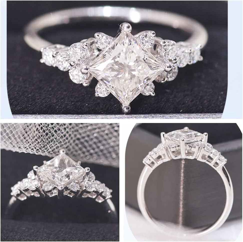 Blocaci Unique Engagement Rings for Women Princess Cut 1-1/3 Carat(ctw) Moissanite Engagement Ring Platinum Plated Silver 10K 14K 18K Gold Wedding Anniversary Promise Rings with Text Engraving