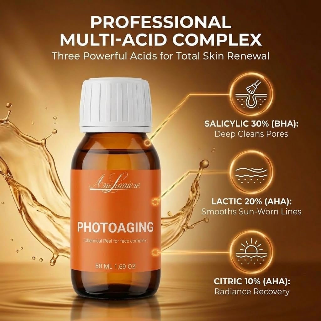 Photoaging & Sun Damage Exfoliating Chemical Peel For Face – Multi-Acid Cosmetic Solution with Salicylic, Lactic & Citric Acids – 50ml Glass Bottle – Made in Spain