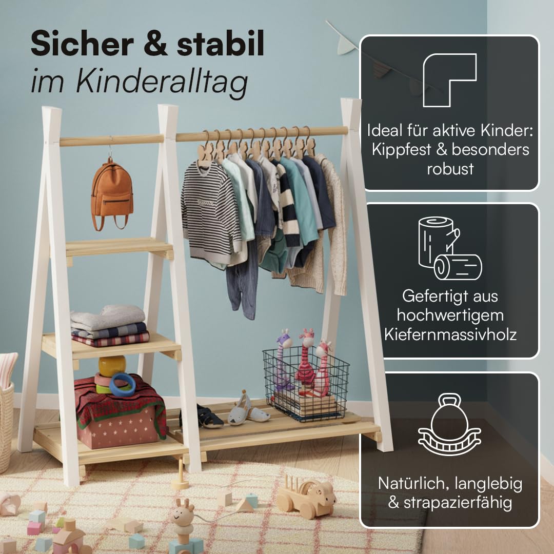 Bellabino Ryck Kleiderstange für Kinder – Kleiderständer aus Massivholz Natur/Weiß mit 4 Ablageflächen – Montessori Kindergarderobe für Jungen & Mädchen – Garderobe mit Schuhablage für Kinderzimmer