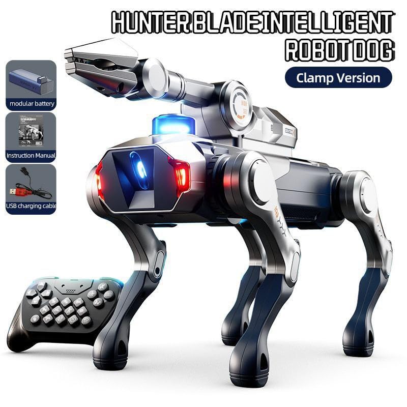 Image of Hunter Blade Intelligent Robot Dog (Turret Version) | Remote Control Smart Robotic Puppy with LED Lights, Motion Actions & USB Charging | Kids Toy (Grey)