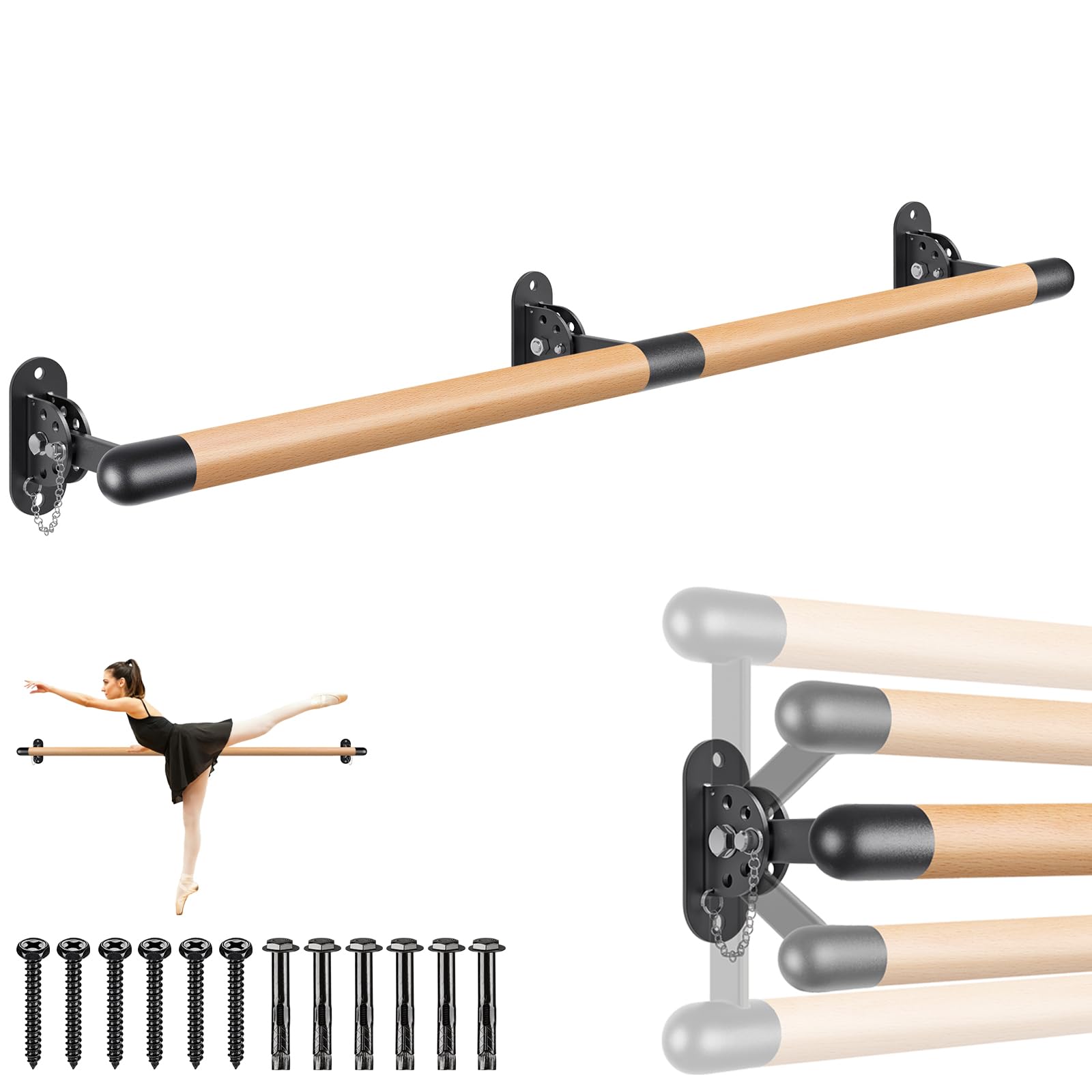Dolibest Barra de Ballet de Madera 170 cm Ajustable Montaje en Pared 90-250 cm