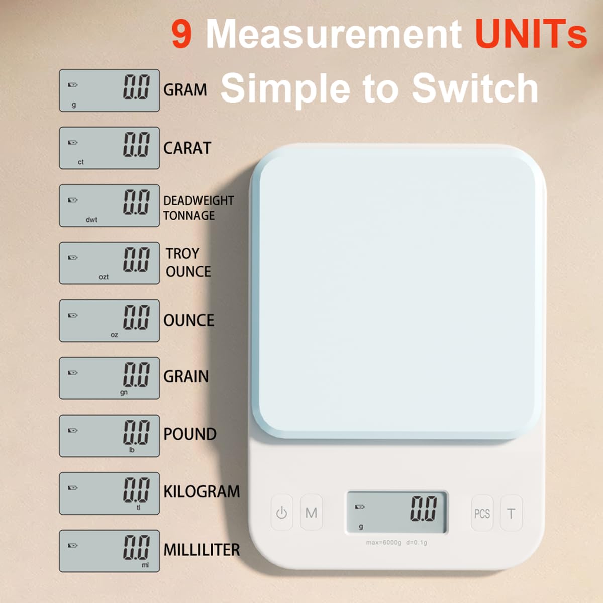 YRY White Elf Pro - Báscula digital de cocina de 6 kg/0,1 g, báscula para hornear ultra precisa con pantalla LCD retroiluminada, función de tara, conversión de 9 unidades, perfecta para café, hornear