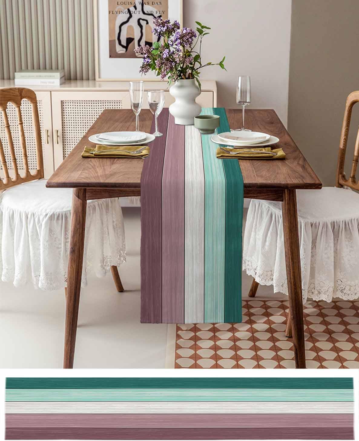 Aqua Green Purple Summer Table Runner, Nautical Coastal Beach Farmhouse Cotton Linen Holiday Table Decor for Home,Kitchen,Dining Room,Indoor,Outdoor,18X72 Inches Long, Retro Rustic Barn Wood Texture